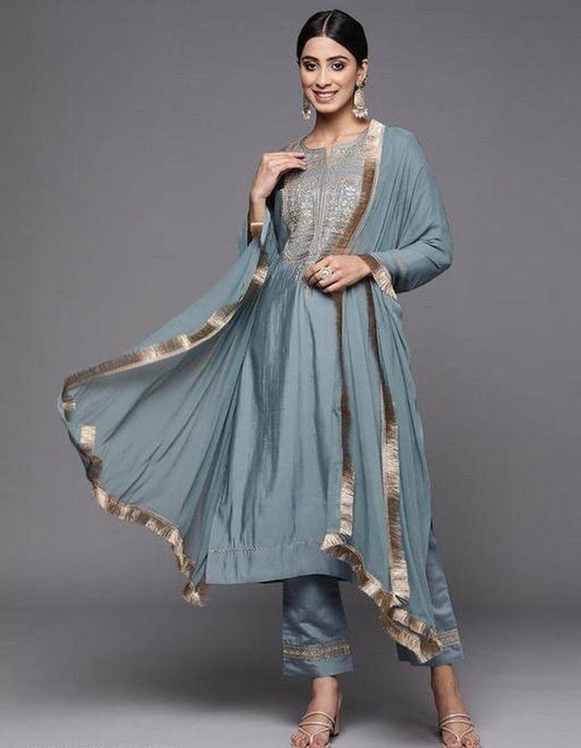 Grey And Dull Silver Chanderi Silk Kurta Set With Dupatta