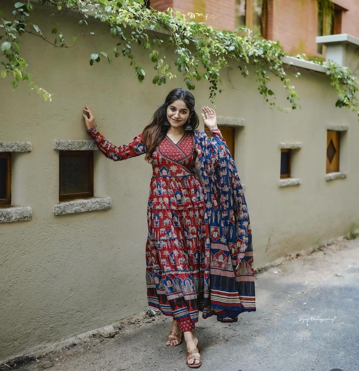 Red Block Printed Anarkali Kurta Set with Dupatta