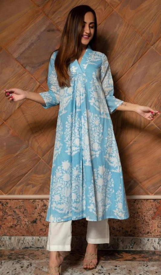 Sky Blue And White Pleated A- line Kurta Set