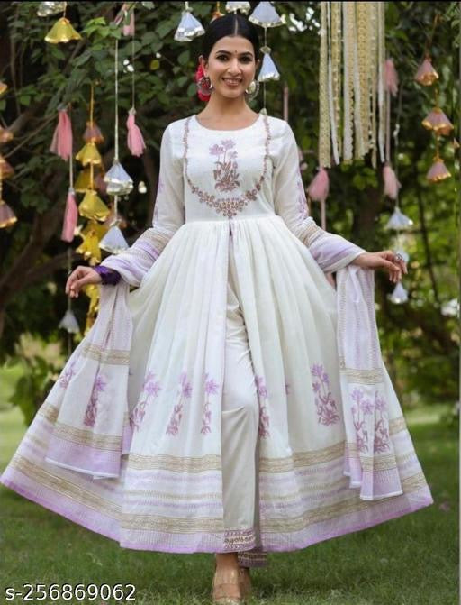 Lavender And White Anarkali Kurta Set With Dupatta