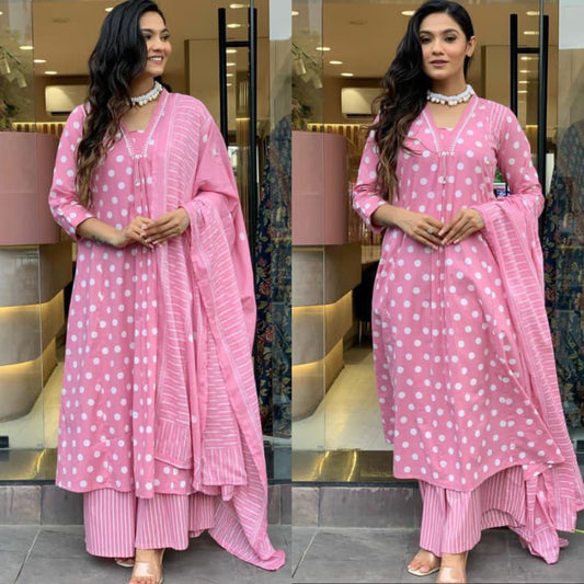 Pink & White Polka Dot Kurta Set