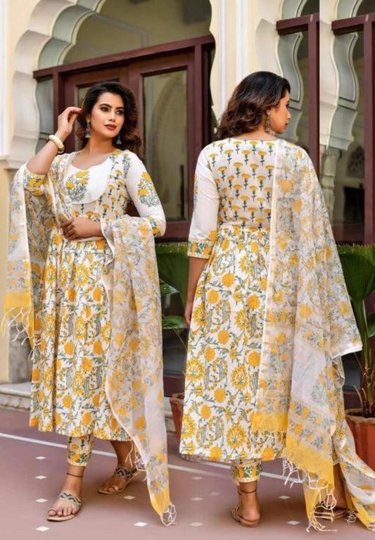 Yellow Cotton Anarkali Kurta Set With Kota Doria Dupatta