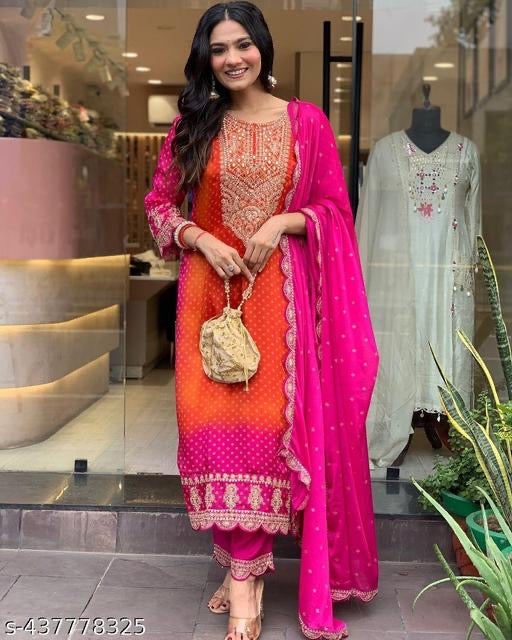 Festive Pink and Orange Embroidered Kurta Set