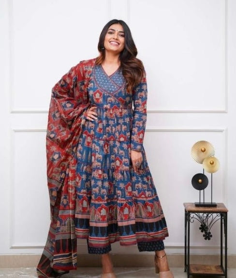 Blue and Red Block Printed Anarkali Kurta Set with Dupatta