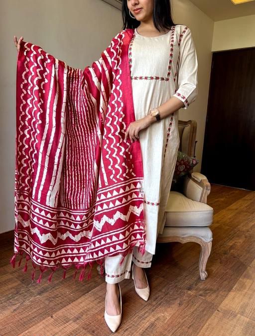 Khadi Cotton White & Red Embroidered Kurta Set