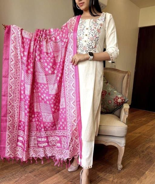 Khadi Cotton White And Pink Embroidered Kurta Set