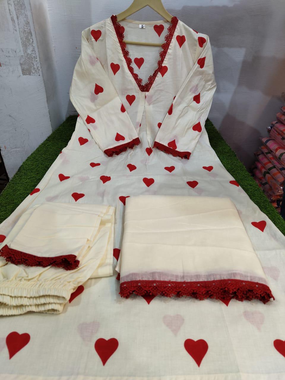 Heart Printed Lace Kurta Set With Dupatta