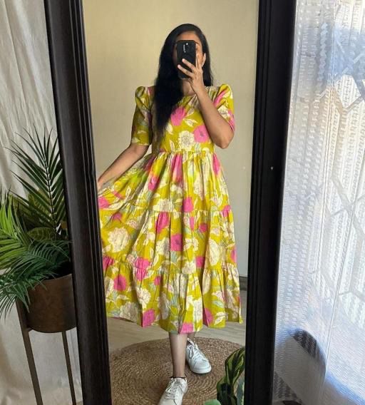 Yellow And Pink Printed Cotton Dress