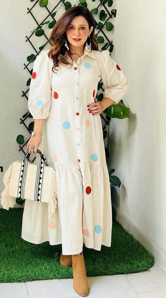 Muslin Cotton Polka Printed Shirt Dress