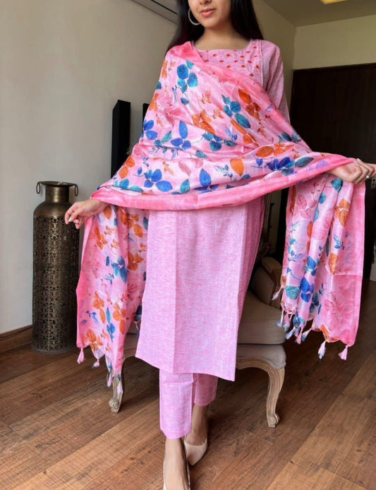 Pink Handloom Cotton Kurta Set With Dupatta