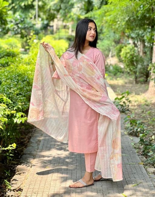 Peach Cotton Kurta Set With Dupatta