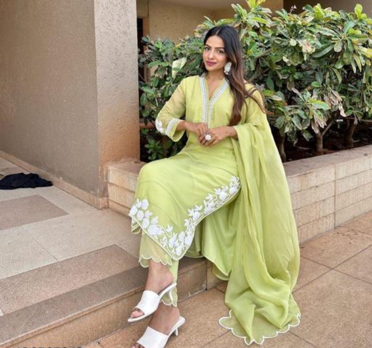 Light Green Lace Kurta Pants With Dupatta Set