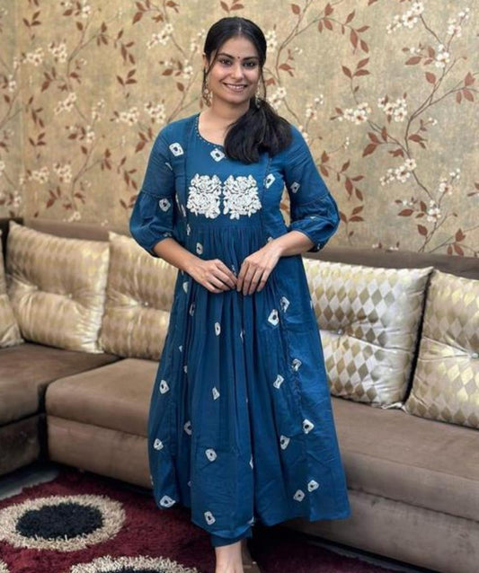 Blue Embroidered Gown Kurta With Pants Set